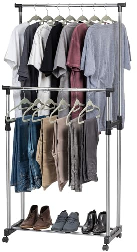 DECODEKO Perchero Burro Ropa con Ruedas, Material Acero Inoxidable, con Soporte para Zapatos, Fácil de Montar, Capacidad de carga máxima de 15 kg, (90-160) x80x43cm