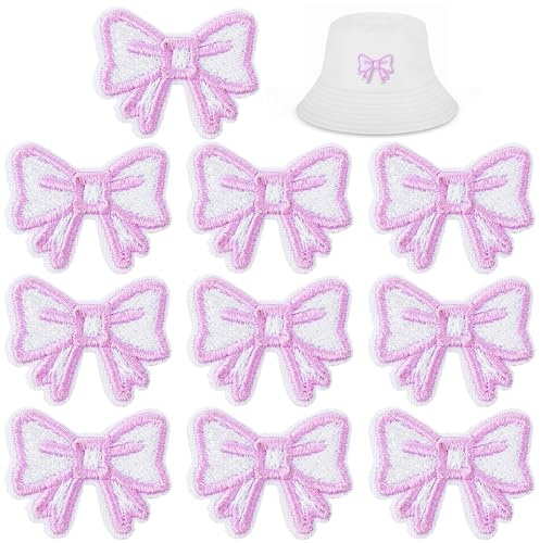 10 Pcs Pink Bow Patches Self Adhesive, Cute Stick On Bownot Patches for Senior Jeans Decorations, Embroidered Appliques for DIY Clothing, Hats, Bags, Jackets and Jeans