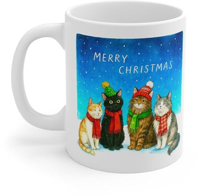 MugsByAly Festive Holiday Cat Mug, White Ceramic Coffee Cup with Winter Cats Design, Merry Christmas Theme