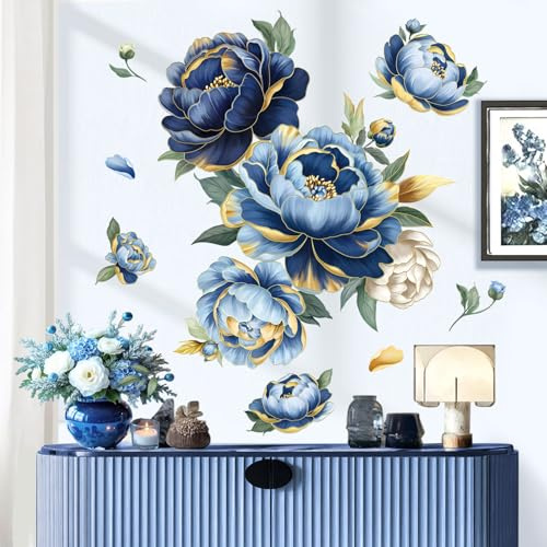 decalmile Adesivi Murali Fiori Blu Adesivi da Parete Floreali Peonia Foglie Decorazione Murale Camera da Letto Soggiorno Camerette Ragazze