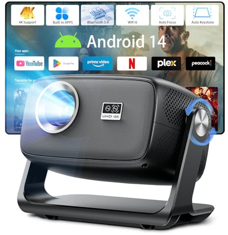 Smart Projector 4K Beamer für Heimkino mit Android 14.0, 30000 Lumen, Autofokus & Trapezkorrektur, Bluetooth 5.4 & WiFi 6, 30-220 Zoll, Bildschirmspiegelung für iOS/Android/TV Stick