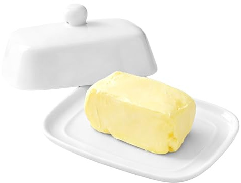 Burriera Porcellana, Burriera Ceramica con Coperchio e Manico, per 250 g di Burro, Lavabile in Lavastoviglie, Portaburro da Frigo, per Formaggio, Torte, Dolci e Piccoli Frutti
