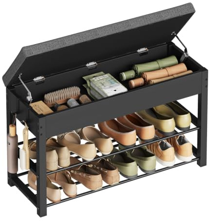 WOLTU Banc Chaussures Entrée, Banc de Rangement avec Siège Rembourré, 1 Compartiment Dissimulé, 2 Étagères et 2 Crochets, en Métal et Lin Imitation, 80x30x50 cm, Noir+Gris Foncé