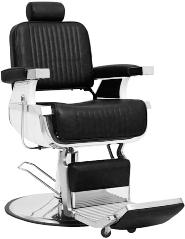vidaXL Poltrona da Barbiere Imbottita Regolabile Girevole 360° Barba Capelli con Poggiatesta Poggiapiedi Sedia da Parrucchiere Nera in Similpelle