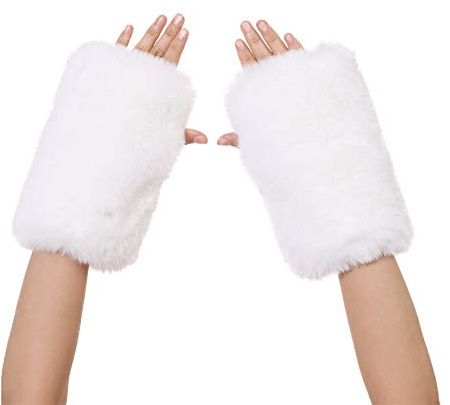 LA CARRIE Women Fingerless Faux Fur Gloves Smooth Furry Soft Fuzzy Plush Winter Cold Warmer Cuffs Black White for Girls(White)