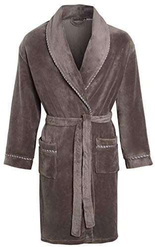 Luxury Mens Gents Full Length Velour Fleece Robe Dressing Gown Rope Trim Grey Large
