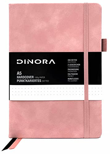 Dinora® Anteckningsbok A5-hårt omslag – prickad bullet journal – PU-läder – 200 numrerade sidor – 100 g Avery papper – rosa – rosa