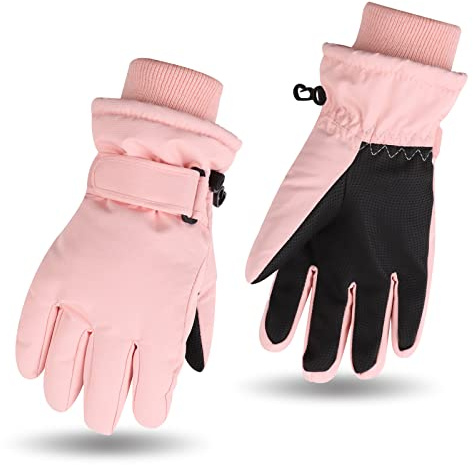 Waterproof Kids Winter Gloves Cartoon Boys Girls Snow Mittens Warm Outdoor Ski Gloves with Fleece Lining (Solid Pink, 7-9 Years)