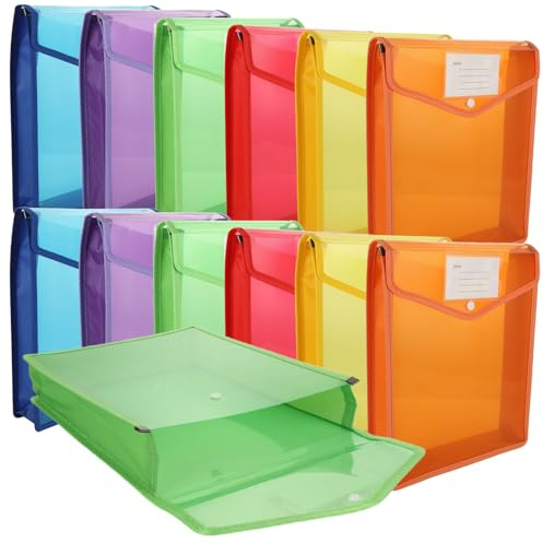 GBACHOOSE 12 Pcs A4 Plastic Wallet Folders with Popper, Document Pockets with Button, Envelope File Folder with Card Slots for School Office Home, Red Yellow Blue Purple Orange Green