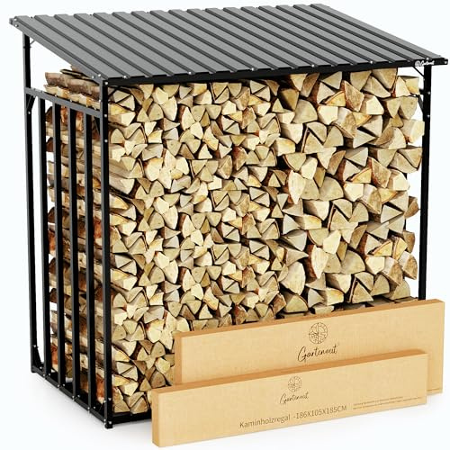 Gartenzeit® Étagère à bois de cheminée d'extérieur XXXL 186 x 105 x 185 cm – 3,45 m³, 5,25 SRM, cadre en métal 30 x 30 mm, toit en métal galvanisé à chaud, 105 cm de profondeur, aide à l'empilage du
