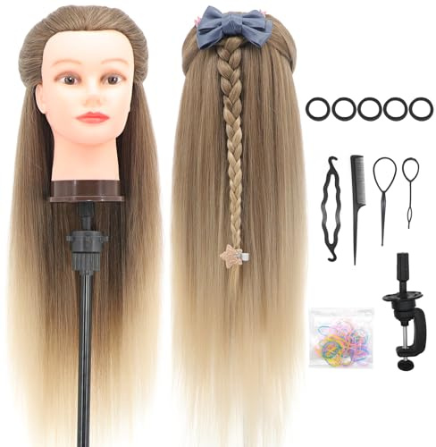 DanseeMeibr Övningshuvud för frisörer, 66–71 cm, 100 % syntetisk fiber, kosmetologi-huvud med gratis klämma, för flätning och styling, brun