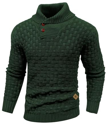 HYPESTFIT Mens Knitted Sweater Crew Neck Warm Long Sleeve Pullover Textured Ribbed Edge Top Dark Green L