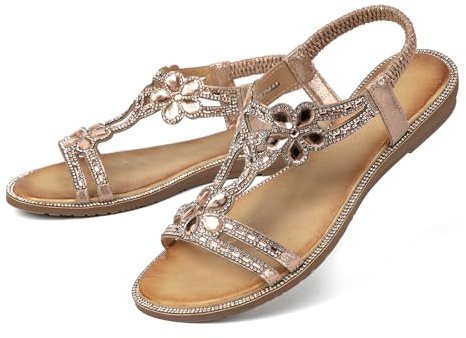 YOUNIFIZ Sandals for Women Ladies Flip Flops Summer Flat Rhinestone Sandal Open Toe Bohemian Walking Sandal for Summer Beach Holiday (Champagne,Size 5.5)