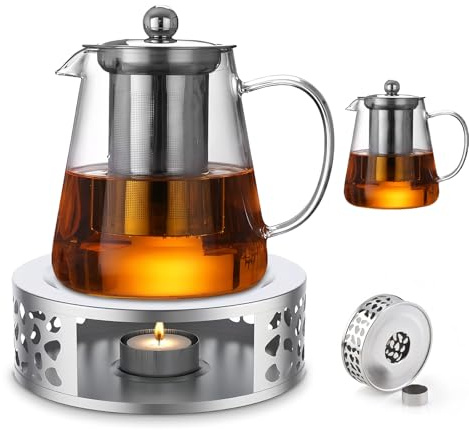 BORDEAG 1300ML Teiera in Vetro con Scaldino, Bollitore per Tè con Filtro, Teiera di Vetro Borosilicato