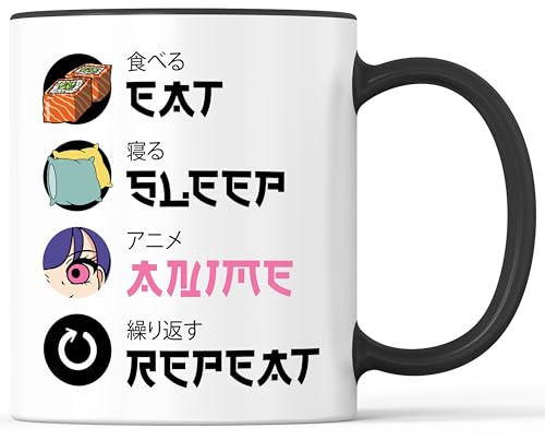 Tasse mit Spruch Eat Sleep Anime Repeat Becher Manga Otaku Cosplay - lustiges Geschenk - Kaffeebecher als Geschenkidee - Kaffeetasse 330ml - Weiss-Schwarz