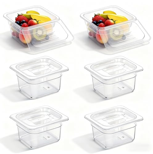 CTJ 6 Pack NSF Food Pans with Lids 1/6 Size, 4'' Deep Commercial Clear Plastic Food Storage Containers Stackable Polycarbonate Hotel Pans for Kitchen Restaurant Food Prep, Freezer-Safe