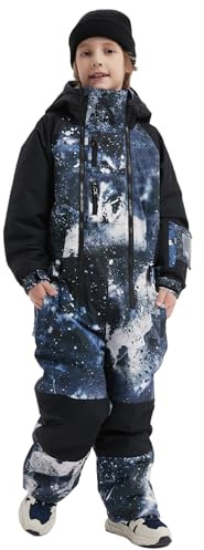 SNBOCON Kids Girls Boys One Piece Snowsuits Ski Suits High Collar Hood Double Zipper Front Colorful Jumpsuits Snowboard Outdoor Winter Waterproof Jackets(110cm,Black Paint)