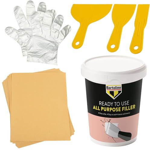 Bartoline Ready Mixed All Purpose Filler 600g – Interior & Exterior Wall Repair Kit | Includes 3 Scrapers, Sandpaper & Gloves | Repairs Plaster, Wood, Brick, Plasterboard & More