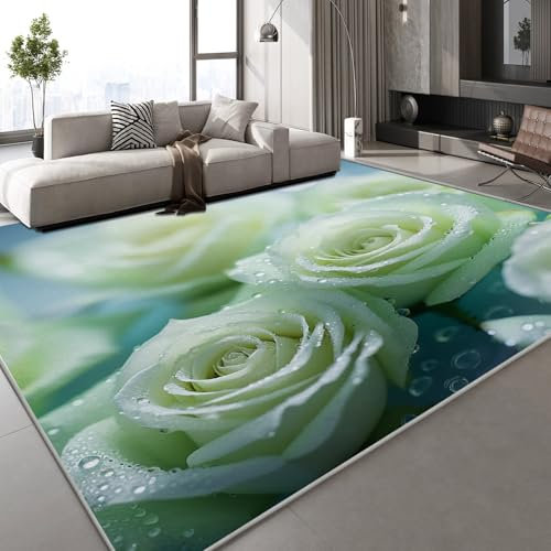 Generisch Flanell Teppich Wohnzimmer Rose Weiß Muster Flauschig Weich rutschfest Anlage Teppiche Fußmatte Living Room Deko Schlafzimmer Flur Läufer Indoor Carpet Spielteppich 140x200 cm