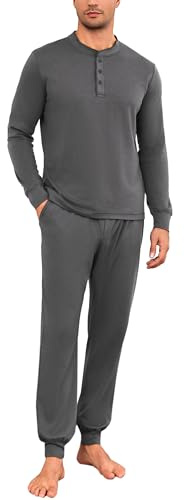 Litherday Pigiama Uomo Lungo Cotone Maniche Lunghe Morbido Completo 2 Pezzi con Tasca Abbigliamento Notte e Casa (Gris Foncé, XL)