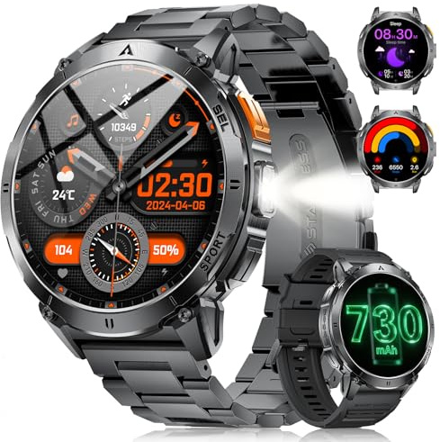 FOXBOX 1.62 AMOLED Reloj Inteligente Hombre, 3ATM Impermeable Smartwatch con LED Linterna para Android/iOS, 110+ Deportes Smart Watch, 24/7 Frecuencia Cardíaca/Monitoreo del Sueño, Negro Grafito