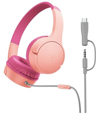 Belkin SoundForm Mini Cuffie per Bambini con filo, adattatore da USB-C a 3,5 mm, Microfono, Adesivi, Limite Volume di 85 dB, per didattica online e viaggi, compatibili con iPhone, iPad, Galaxy - Rosa