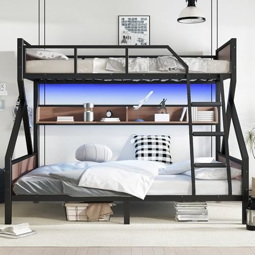 Twin XL Over Queen Size Bunk Bed with Storage Shelves and LED Lights,Heavy Duty Adult Bunk Beds with Angled Ladder,Metal Queen Bunk Bed,Black