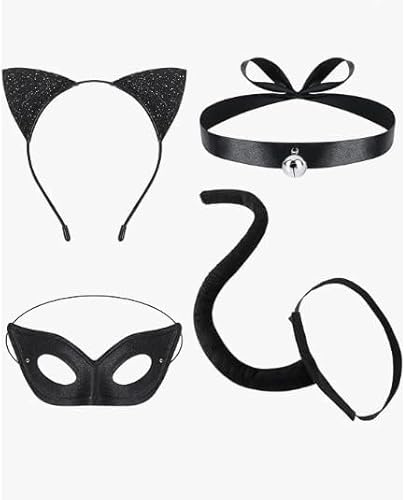 EduPlayte Carnevale Gatto Donna Set, di Accessori 4 Pezzi, con Maschera da Gatto Nera, Fascia con Orecchie di Gatto, Coda di Gatto Collana con Campana, Carnevale, Kit di Accessori per Animali