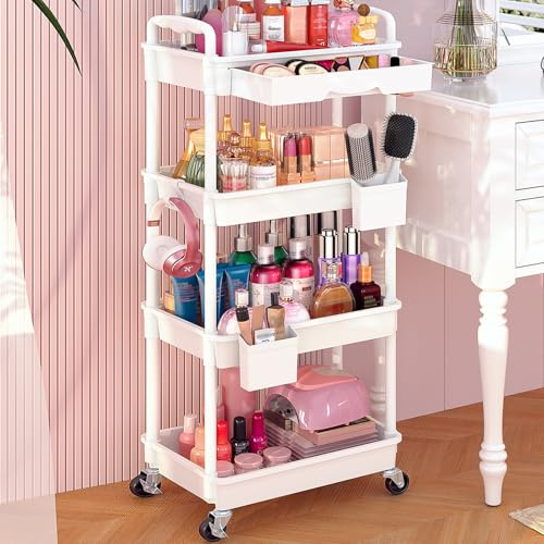 Goovilla Rolling Makeup Organizer Cart with Removable Drawer, 4 Tier White