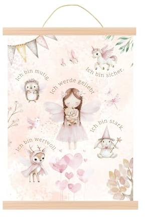 Mutzauber® Poster Affirmationsposter A3 Poster Kinderzimmer Mädchen Fee Märchen Zahnfee Teddybär Bilder Motivation Prinzessin Kinder Wandposter (A3 Fee inkl. Rahmen)