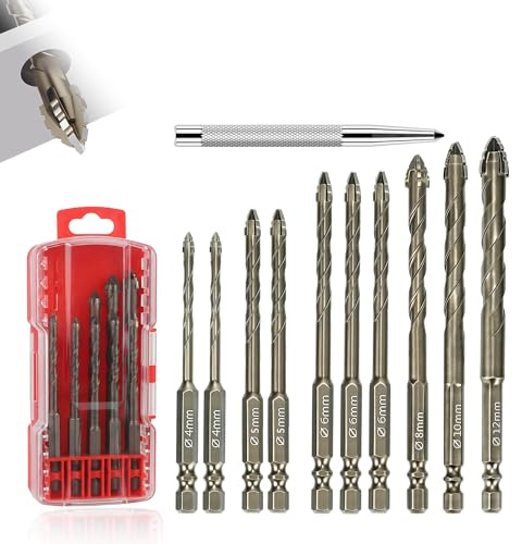 10PCS Masonry Drill Bit Sets with Center Punch (5/32-1/2) |Four-Blade Serrated Eccentric Carbide Drill Bits | No-Walk Tile Drill Bits|Concrete Drill Bits for Concrete/Tile/Brick/Glass/Wood(Bronzy)