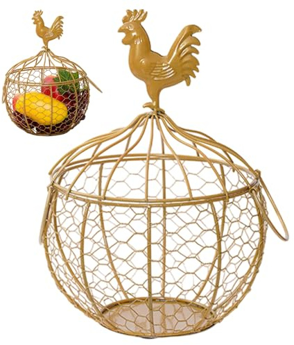 Cestino per uova di gallina con manico, piccolo cestino per raccolta uova in metallo stile vintage con coperchio decorato con pollo per frutta, verdura, fiori dorati, Heim Dekorationen