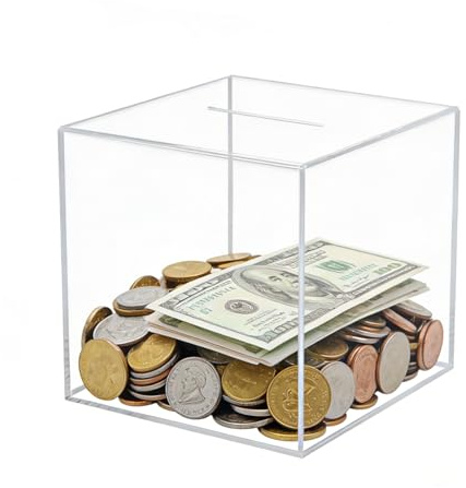 M.J COMFY-LIFE Acrylic Piggy Bank for Adults, Clear Money Box Break to Open Square Money, Saving Box Transparent Smash Money Box with Large Slot Unbreakable Savings Jar for Coins Cash 15 x 15cm