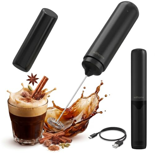 edihome, Espumador de Leche, Eléctrico, Milk Frother Portátil para Café, Recargable, Batidor de Espuma para Cappuccino Latte, Matcha, Potente y Silencioso (Negro, A Batería)
