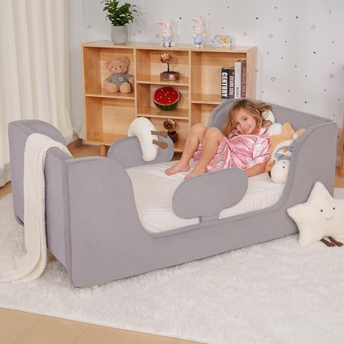 ZIKEBTUY 70 x 140 cm barnsäng – helt vadderad sammet, molnmjuk barnsängar, golvsäng för pojkar och flickor (grå)