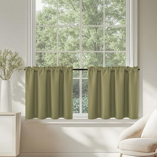 TOPICK Tenda corta da cucina/armadio a 2 pannelli, schermante, con passante per bastone, motivo a nido d’ape, decorazione per piccola finestra di cucina, verde, 90 x 60 cm (larghezza x altezza)