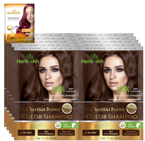 Herbishh Gray Hair Color Shampoo - Natural Argan Mask for Long-Lasting Color in Minutes - Travel Size, 10 Pack + 1 Pack, Ammonia-Free (Chestnut Brown)