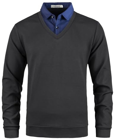 Yukirtiq Uomo Maglione e Camicia 2 in 1 Scollo a V Maglia a Maniche Lunghe Pullover Lavorato a Maglia con Il Colletto di Camicia Maglioncino da Uomo, Nero+Blu, XL