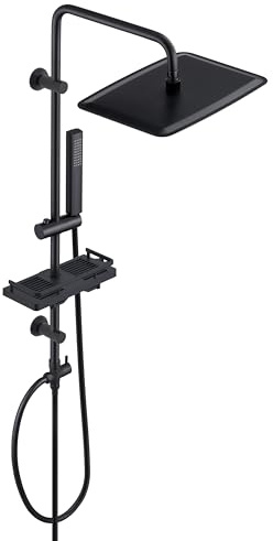 Görbach Colonna Doccia Nero in Acciaio Inox Senza Miscelatore Colonna Doccia idromassaggio Asta Doccia Set Doccia a Pioggia Con Doccetta,Porta Ogetti Mensola e Soffione Doccia 35 * 25 cm