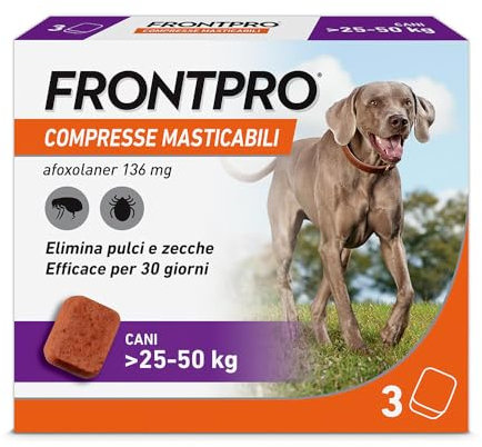 FRONTPRO 3 Compresse Masticabili Antiparassitario per Cani di Peso > 25-50 kg Protegge da Pulci e Zecche, Antipulci in Confezione da 3 Compresse da 136 mg di Afoxolaner, 25kg-50kg