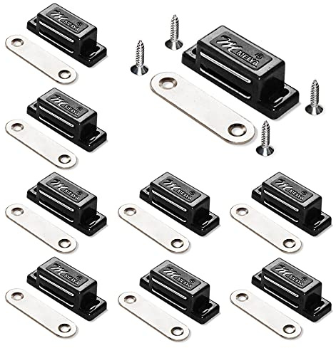 12Pack Cupboard Magnetic Door Catch for Cabinet Heavy Duty Magnet Catches Kitchen Latch Small Home Furniture Plastic Shell Metal Plate with 48pcs Screws (Black)