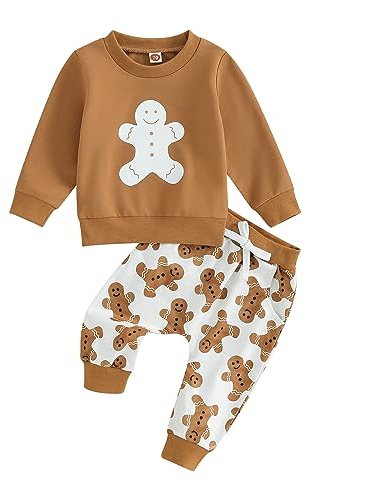 Carolilly - Ropa de Navidad para bebé y niña, conjunto de suéter, muñeco de nieve, pan de jengibre y pantalones de Navidad para niños, 2 piezas