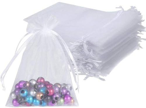 dogmoon Organza-väska med dragsko, 50 stycken 17 × 23 cm present bröllopspåsar, organza presentsmyckesväska, organza smyckesväska, bröllop godispåse för bröllop eller fest (vit)