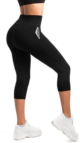 SINOPHANT Capri 3/4 Length Leggings for Women with Pockets High Waisted Buttery Soft Elastic Opaque Cropped Trouser for Gym Yoga Sports Black S-M