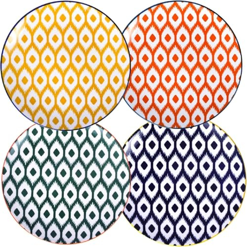 WishDeco Juego de 4 Platos para Ensalada, Platos Postre Ceramica Φ22cm, Platos Llanos Pequeños Colores, Platos de Porcelana Vintage para Pasta, Pizza, Pan