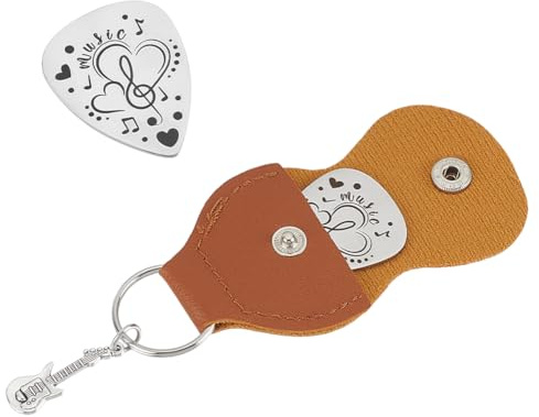 UNICRAFTALE 1 unids Púas de guitarra de acero inoxidable llavero con funda de cuero PU juego de púas de guitarra con notas musicales en forma de corazón regalos de cumpleaños Navidad San