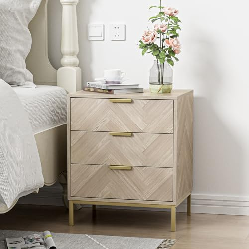 Yvsevnr Herringbone 3 Drawer Bedside Table, Wooden Cabinet with Metal Legs, Modern Storage Chest for Bedroom Living Room Office, Oak Finish