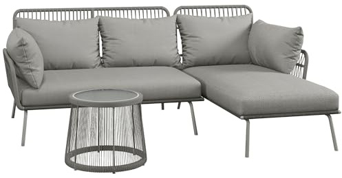 Outsunny Set Mobili da Giardino in Rattan 3 Pezzi, Salotto da Giardino Esterno con Divano 2 Posti, Chaise Longue con Cuscini e Tavolino con Piano in Vetro, Set da Giardino per Cortile, Grigio Chiaro