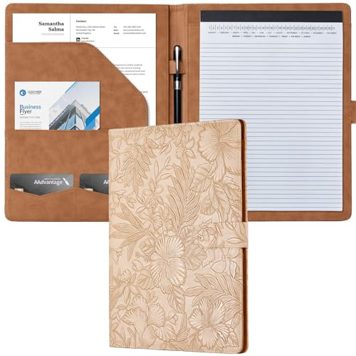 Mymazn Padfolio Portfolio Binder, Faux Leather Interview Resume Folder with Document Organizer & Business Card Holder, Letter-Sized Notepad Legal Pad Holder for Women Men (Light Brown)