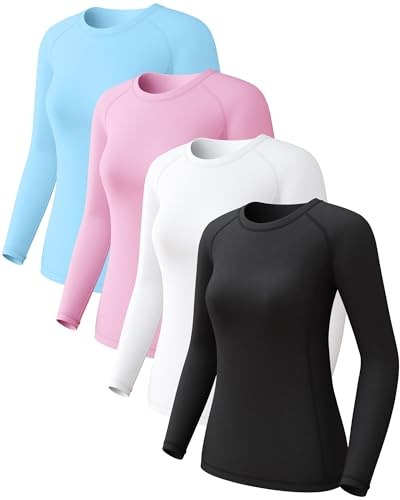 CL convallaria 4 Pack Women's Long Sleeve Compression Shirts, Cool Dry Workout Athletic Tops Sun Protection Cooling Shirts for Yoga Running Hiking Gym Black/White/Pink/Blue Large